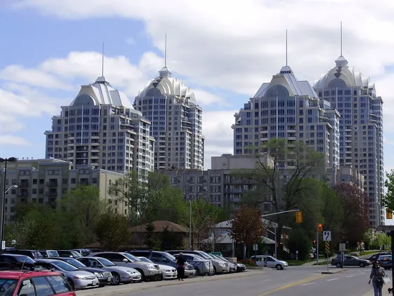 Condominium towers rising above houses south of Sheppard Avenue East in Bayview Village.