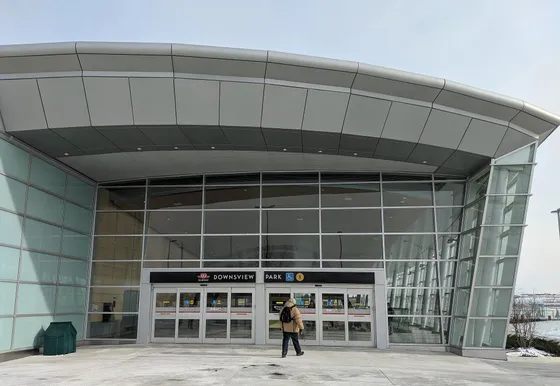 The glass entrance of Downsview Park subway station.