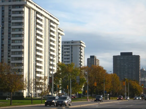Apartment towers among autumn trees in Flemingdon Park.